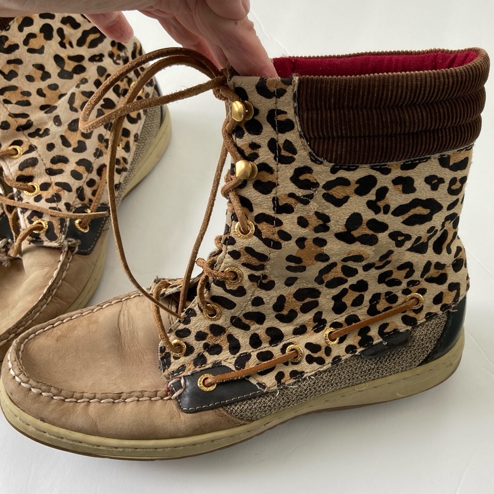 Sperry Hikerfish Brown/Tan Leather Leopard High Ankle Boots -EUC Size 9